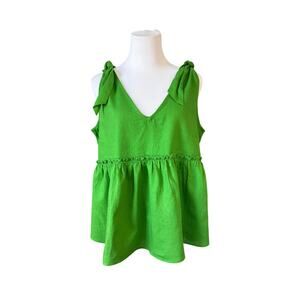 Who What Wear Linen Kelly Green High Waist Top‎ Blouse LARGE Summer Flowy NWOT